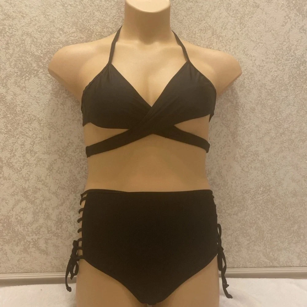 Black Wrap Strappy Bottom Bikini Set